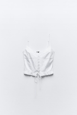ZARA ТОП ИЗ ГАБАРДИНА СО ШНУРОВКОЙ И ЗАВЯЗКАМИ, БЕЛЫЙ
