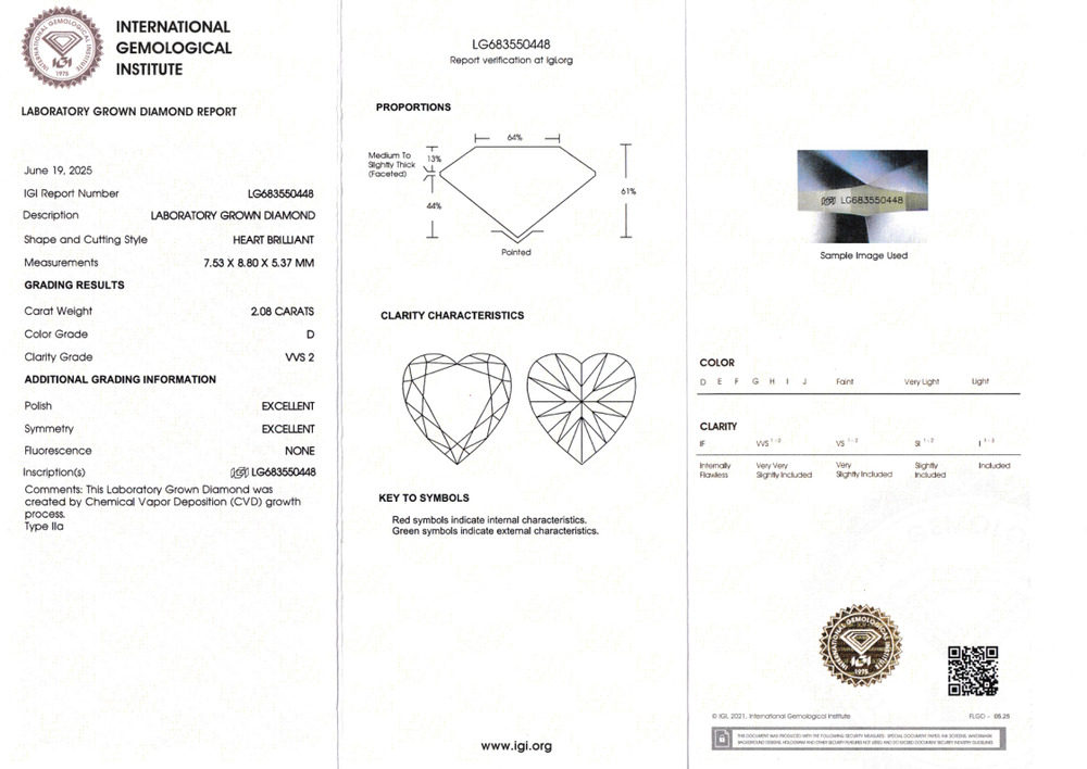 Лабораторно-выращенный бриллиант сердце 7.53 х 8.80 х 5.37 мм D/VVS2 2.08 ct