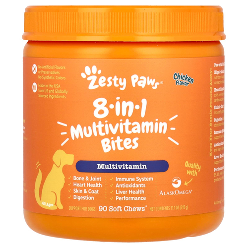 Zesty Paws, Multivitamin Bites, 8 в 1, для собак всех возрастов, со вкусом курицы, 90 жевательных таблеток, 315 г (11,1 унции)