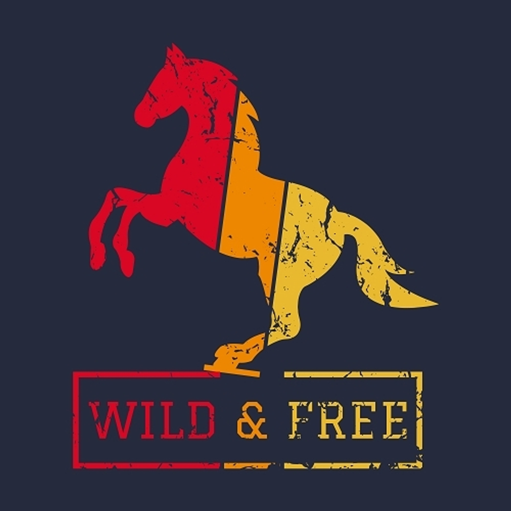 принт PewPewCat с лошадью Wild and free цветной для темно-синей футболки