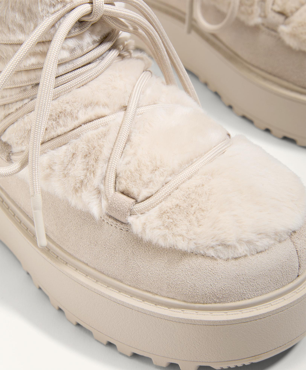 OYSHO Ботинки из искусственного меха и спилка на шнуровке, бежевый