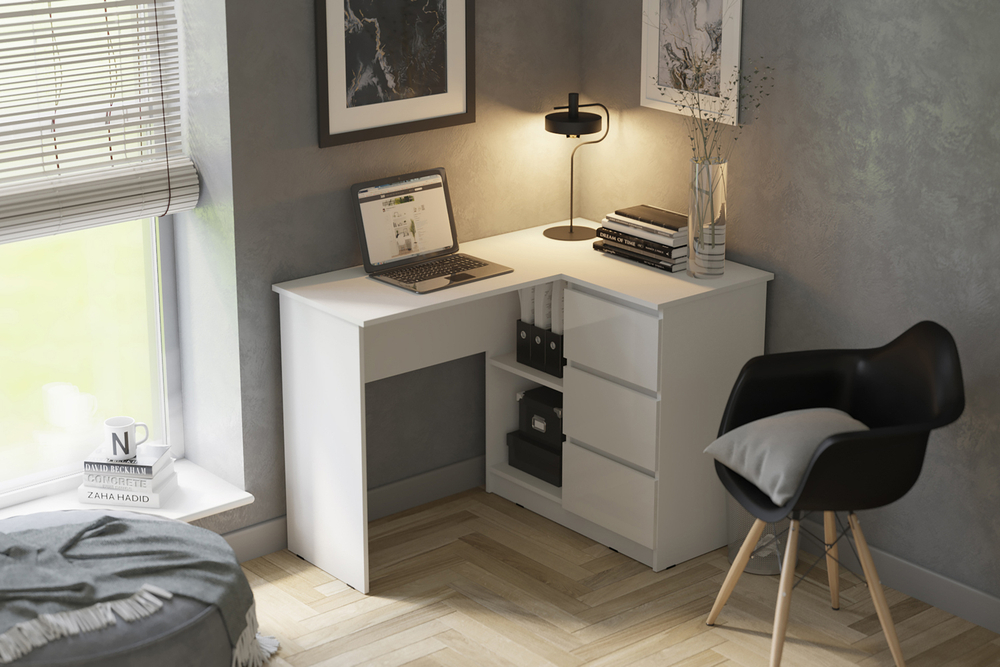 Стол письменный угловой Челси, Белый глянец холодный, Белый