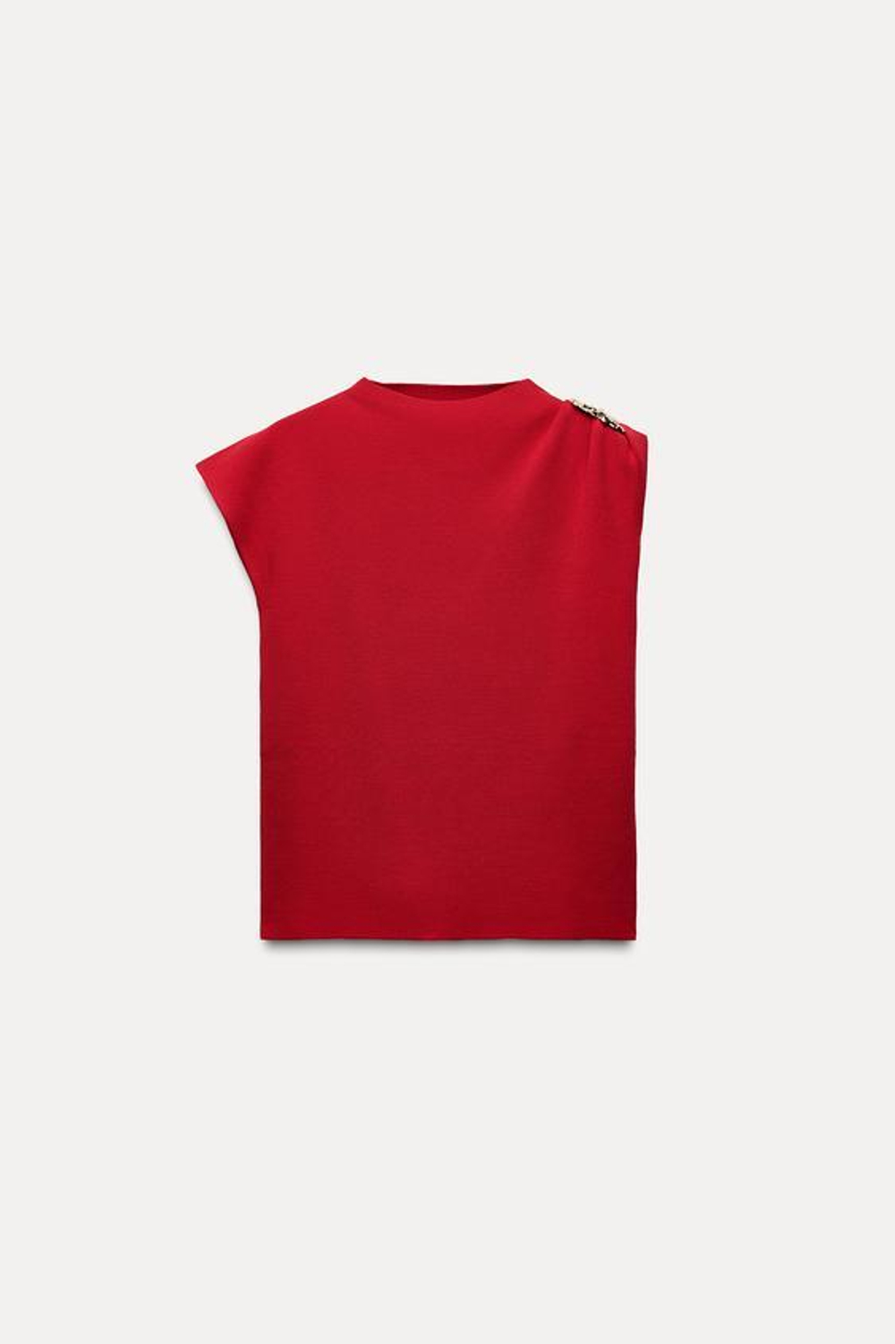 ZARA ОДНОТОННЫЙ ТРИКОТАЖНЫЙ ТОП С ЗОЛОТИСТОЙ ДЕТАЛЬЮ, КРАСНЫЙ