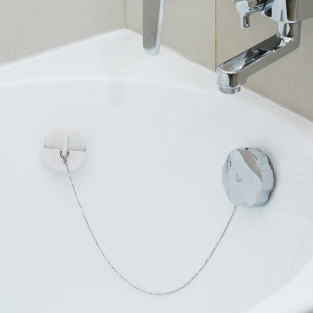 Пробка для ванны ТЭП с латунной цепочкой 50см + держатель ПП (белый цвет)