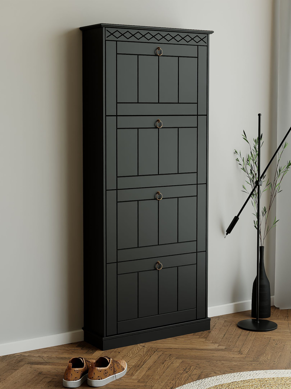 Обувница для прихожей, 66х22х158, Индра, закрытая, тумба для обуви, МДФ, черный, Dipriz