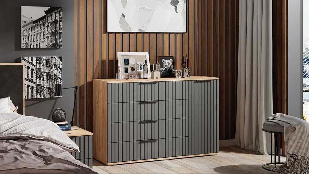 Комод для одежды с ящиками и полками Дуб Крафт золотой/Графит матовый 4 ящика 129х41х84 см