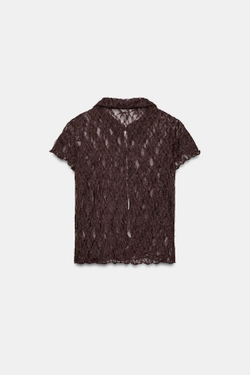 ZARA КРУЖЕВНОЙ ТОП С ПУГОВИЦАМИ, ШОКОЛАДНЫЙ