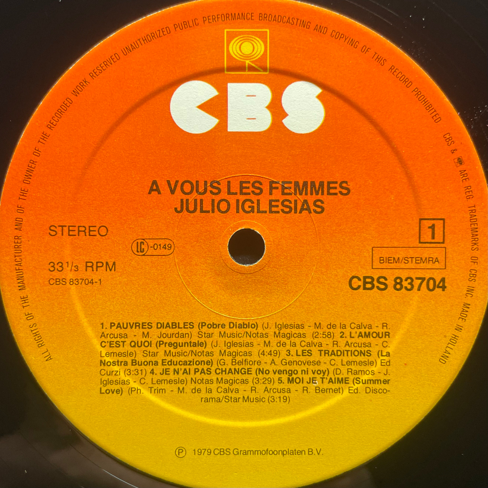 Julio Iglesias ‎– A Vous Les Femmes (Голландия 1979г.)