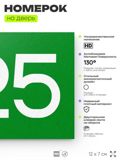 Номер на дверь 325, табличка на дверь для офиса, квартиры, кабинета, аудитории, склада, зеленая 120х70 мм, Айдентика Технолоджи
