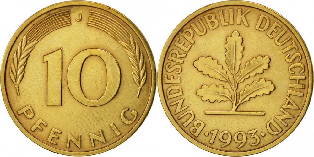Германия - ФРГ 10 пфеннигов, 1950-2001 Дубовые листья XF