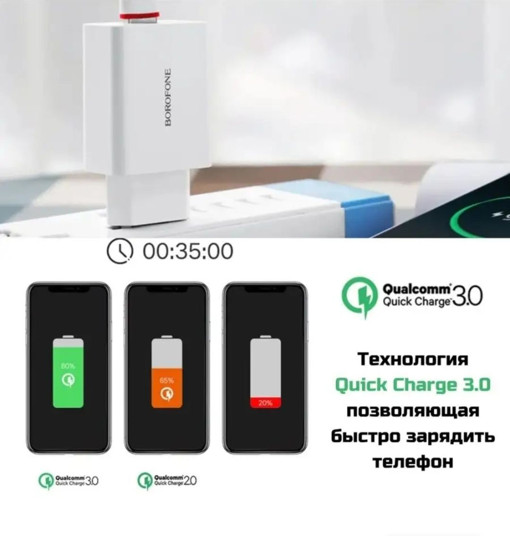 Зарядное сетевое USB Borofone BA21A быстрое QC 3.0 белый