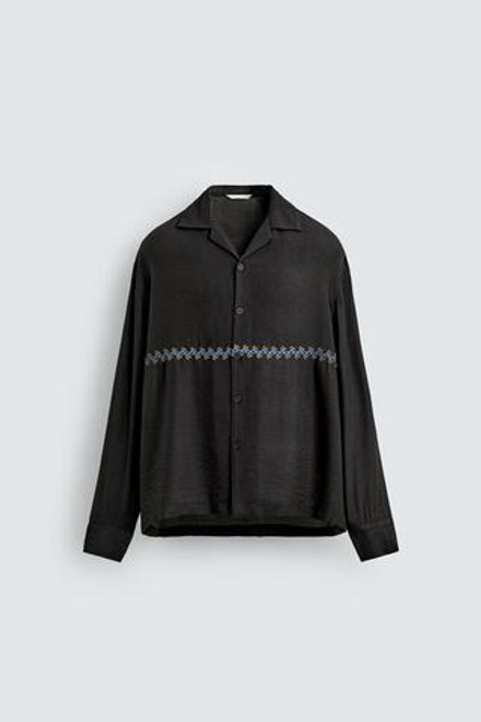 ZARA РУБАШКА СТРУЯЩЕГОСЯ ПОКРОЯ С ГЕОМЕТРИЧЕСКОЙ ВЫШИВКОЙ, АНТРАЦИТОВО-СЕРЫЙ