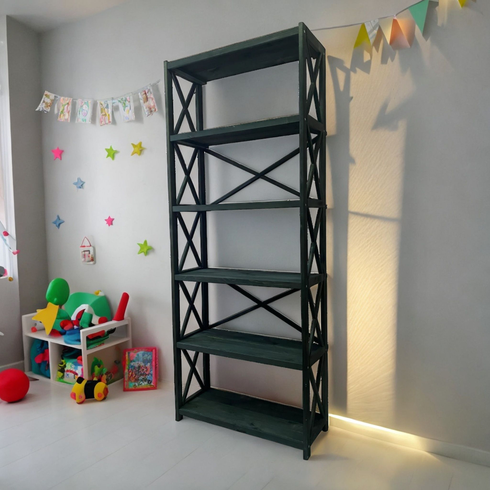 Стеллаж деревянный напольный Юск из массива сосны 6 полок, изумрудный