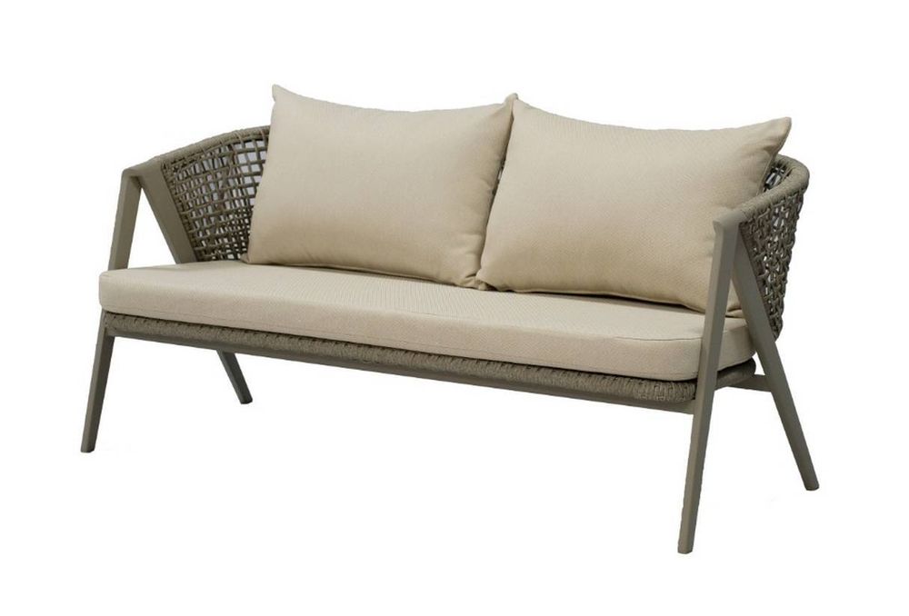 "Амстердам" диван 2-местный плетеный из роупа, каркас алюминий, роуп серый круглый, ткань бежевая