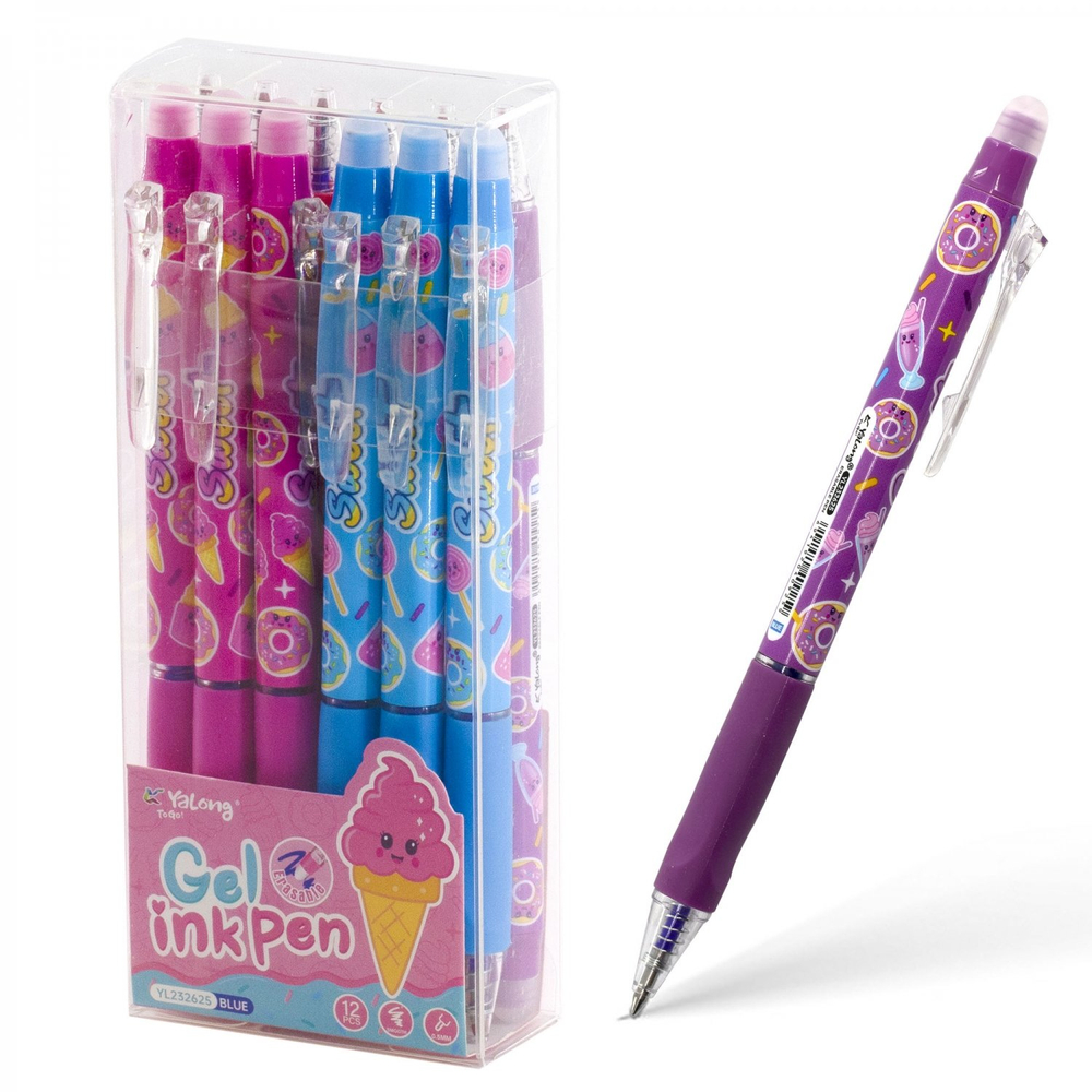 Ручка гелевая пиши-стирай, автоматическая Yalong, "Cupcakes" 0,5 мм, синяя, резин. грип, круглый цв. пласттик. корпус, пласт. уп.