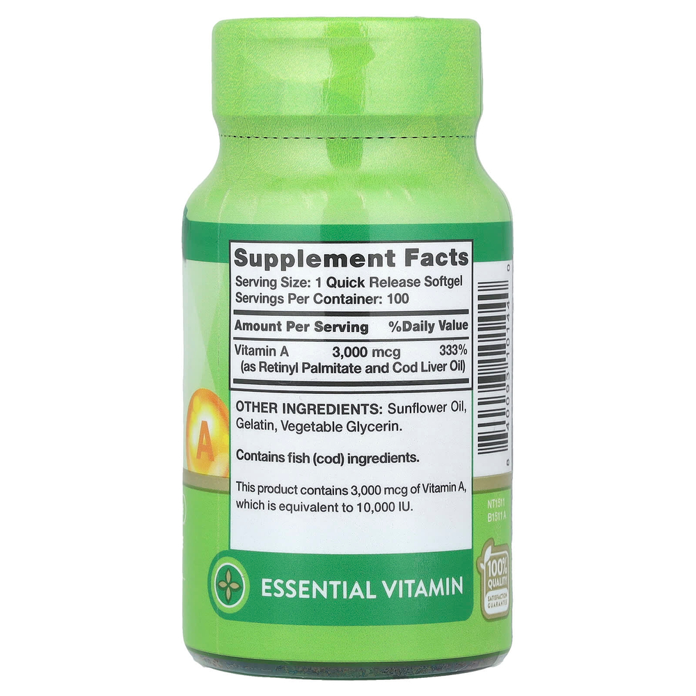 Nature's Truth, Витамин A, высокая эффективность, 3000 мкг (10 000 МЕ), 100 капсул быстрого высвобождения