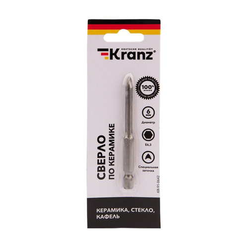 Сверло по стеклу и керамике d-6мм 2 грани, шестигранный хвостовик KRANZ