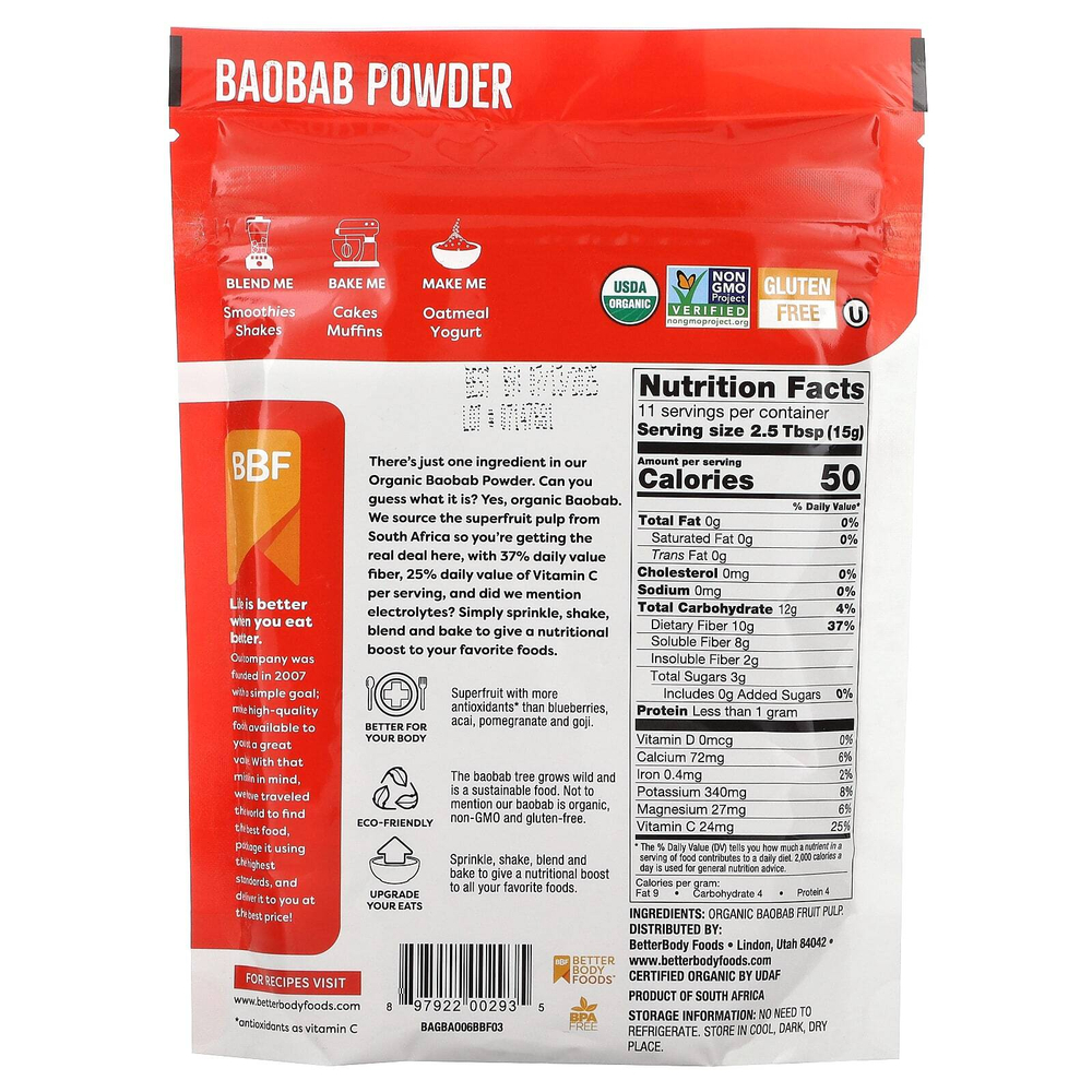 BetterBody Foods, Органический порошок баобаба, 170 г (6 унций)