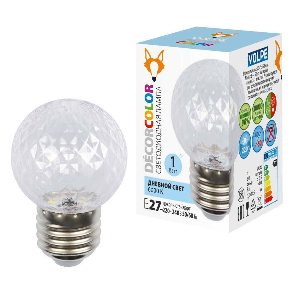 LED-D45-1W-6000K-E27-CL-С PINEAPPLE Лампа декоративная светодиодная. Форма Ананас. прозрачная. Дневной свет 6000K. Картон. ТМ Volpe