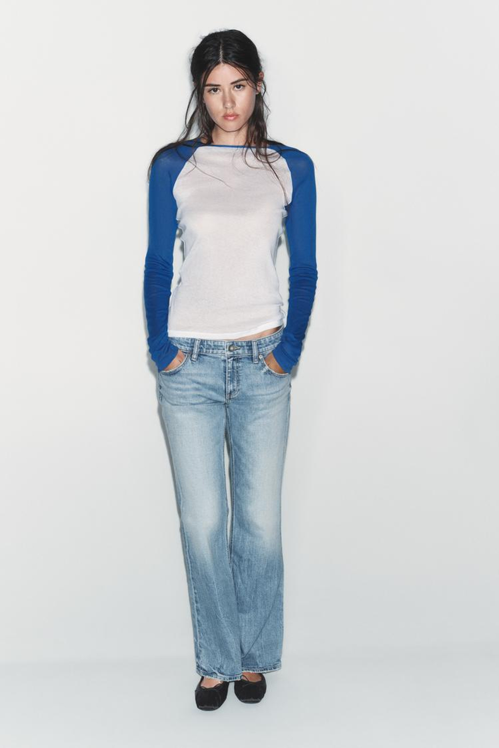 ZARA ФУТБОЛКА С ДЛИННЫМИ РУКАВАМИ SUPIMA®, БЕЛЫЙ/МОРСКОЙ СИНИЙ