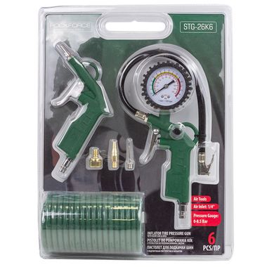 Пистолет для подкачки шин с манометром в комплекте с пистолетом обдувочным и шлангом(0-8.5 Bar,шланг 5м),в блистере RockForce##Rock FORCE RF-STG-26K6