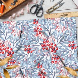 Ткань бязь рябина на белом фоне