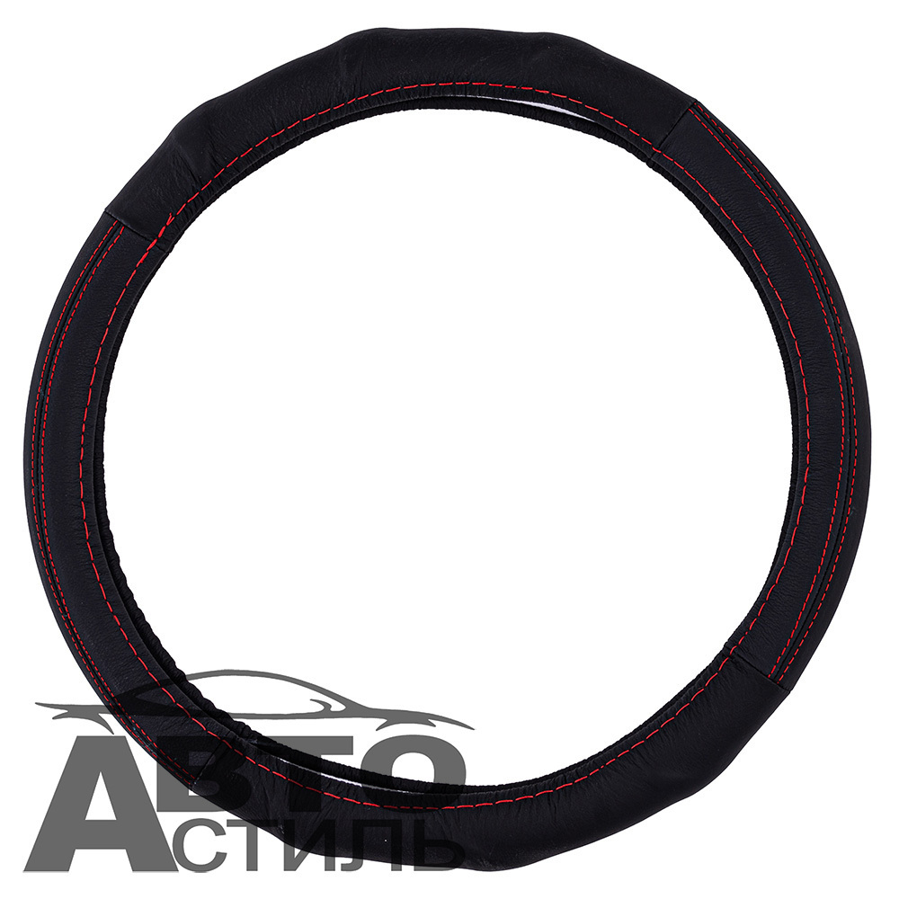 Оплетка на руль круглая Coolpart MAXIMAL (38*38) НАТУР КОЖА черный/красный 741BL-RD