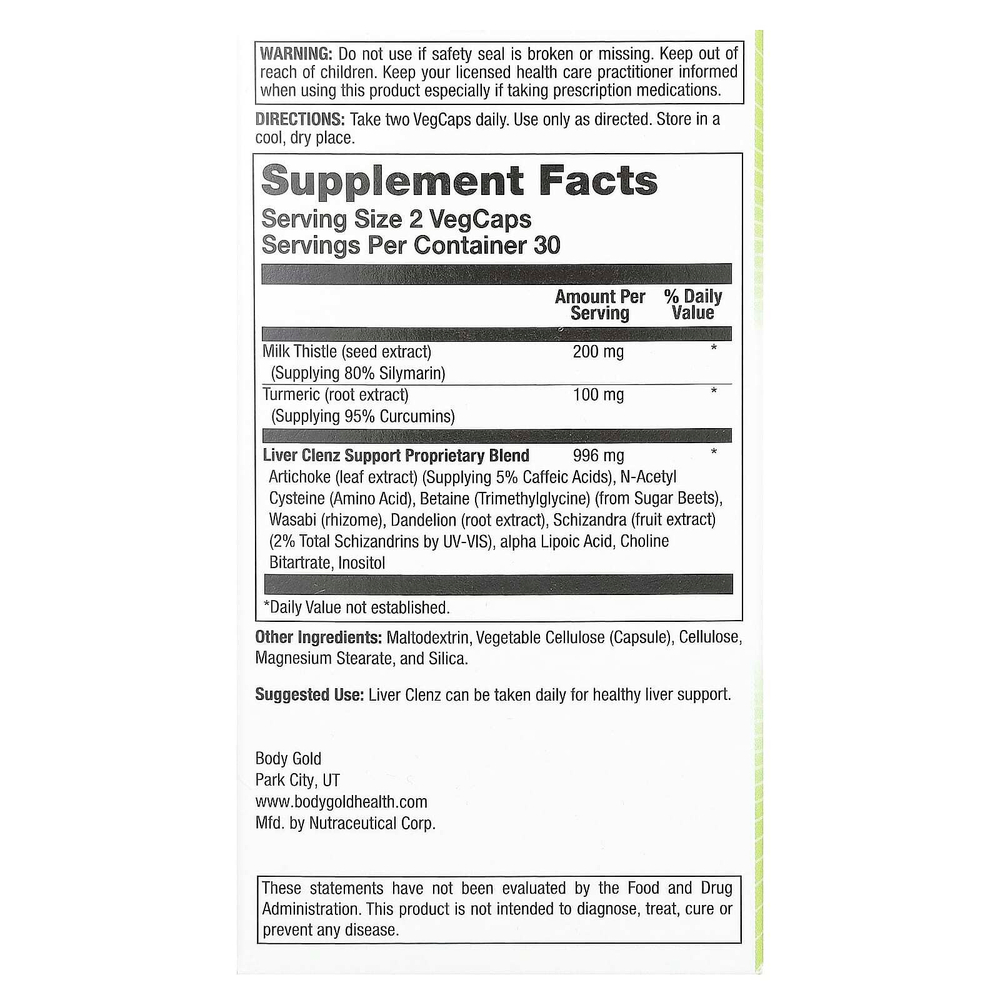 BodyGold, Liver Clenz, 60 растительных капсул