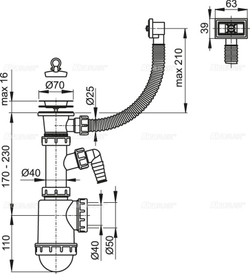 Сифон Alca Plast A444P-DN50/40 для мойки с нержавеющей решеткой DN70, гофропереливом и штуцером