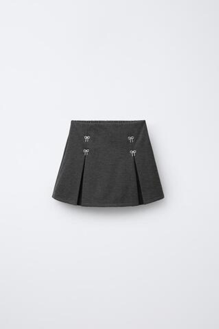 ZARA ЮБКА-ШОРТЫ С БАНТАМИ И БЛЕСТКАМИ, СЕРЫЙ МЕЛАНЖ