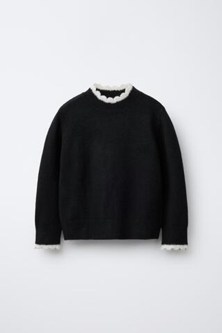ZARA ТРИКОТАЖНЫЙ ДЖЕМПЕР С ОТДЕЛКОЙ КРЮЧКОМ, ЧЕРНЫЙ