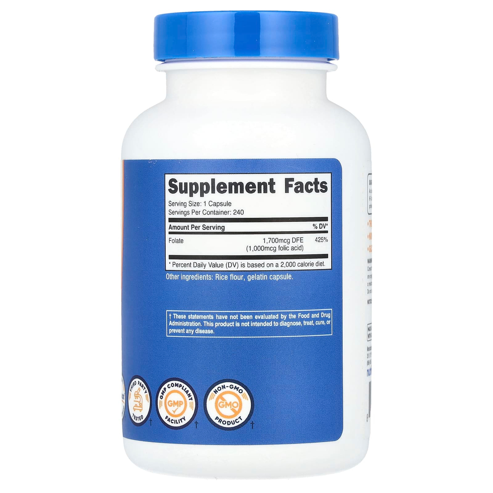 Nutricost, Фолиевая кислота, 1000 мкг, 240 капсул