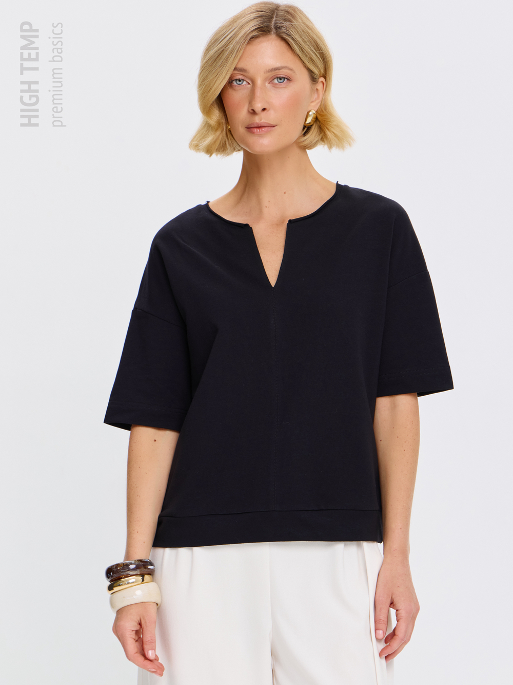 Плотная футболка из футера 2-нитки с V-вырезом HIGH TEMP