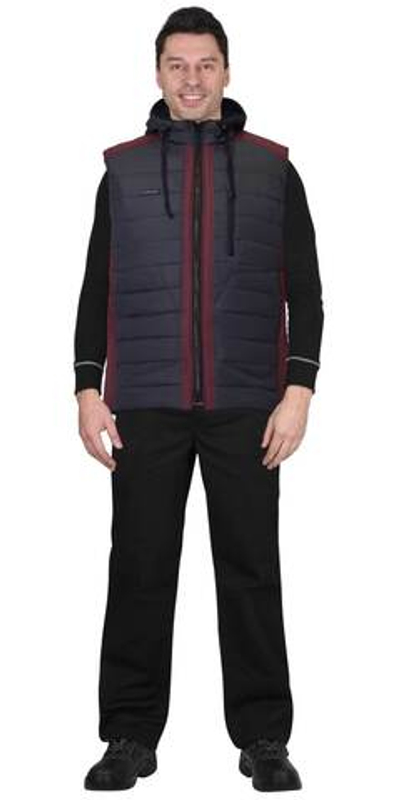 Жилет утепленный с капюшоном сине-серый с бордовым