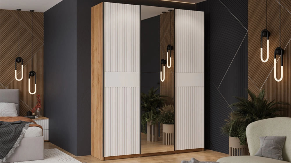 Шкаф-купе Оскар Хилтон 3-х дверный с зеркалом 177 дуб крафт золотой / белый матовый / ручка черная