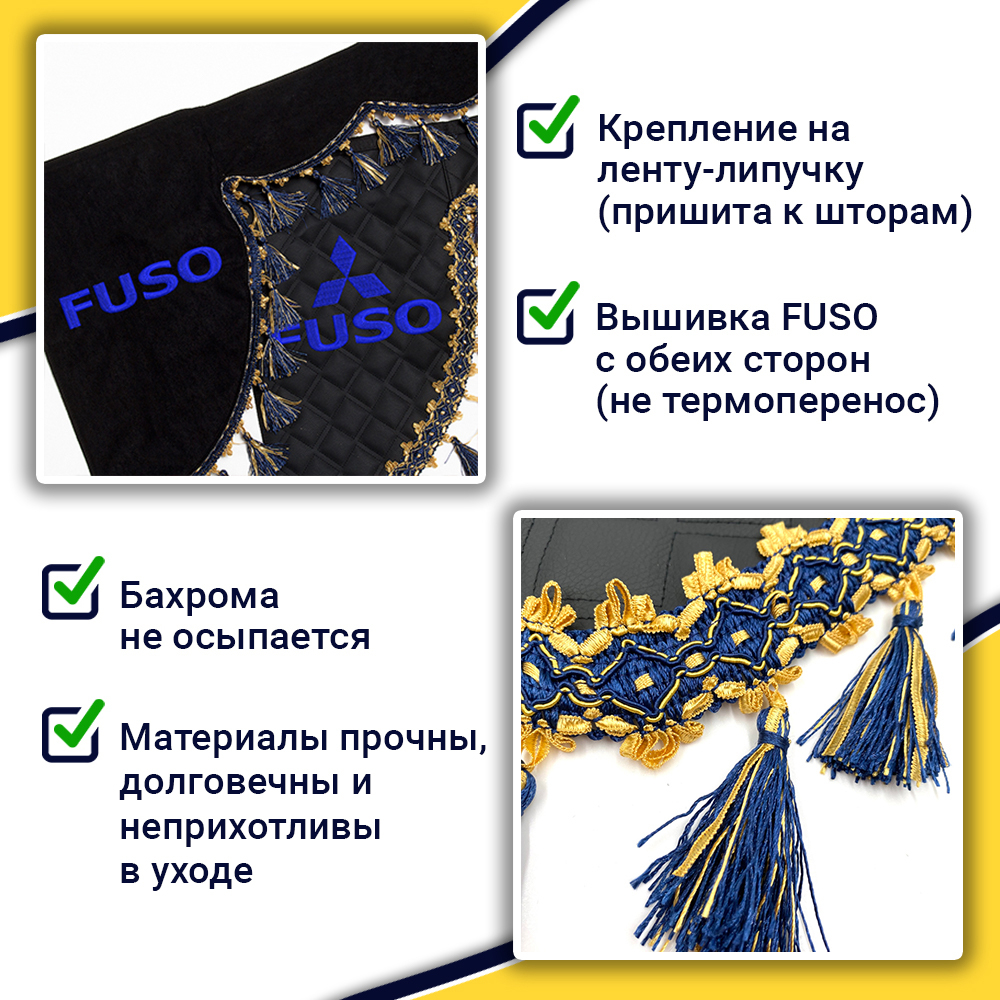 Ламбрекен с косынками стеганые FUSO (экокожа, черный, синие кисточки)