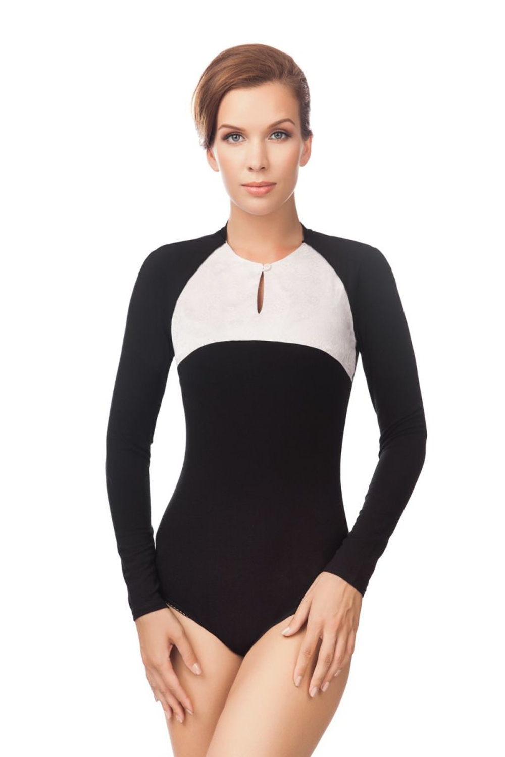 Повседневное боди с длинным рукавом и контрастной вставкой (Размер: L) (Цвет: черный с белым)