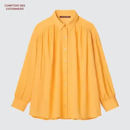 UNIQLO ХЛОПЧАТОБУМАЖНАЯ ПРОЗРАЧНАЯ РУБАШКА С ДЛИННЫМИ РУКАВАМИ В СКЛАДКУ, ЖЕЛТЫЙ