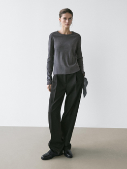 Massimo Dutti Меланжевая футболка в рубчик с длинными рукавами, антрацитово-серый