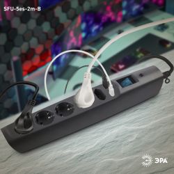 Сетевой фильтр ЭРА SFU-5es-2m-B с надежной защитой с заземлением с выключателем 5 розеток 2м 2xUSB 10А черный | Сетевые фильтры