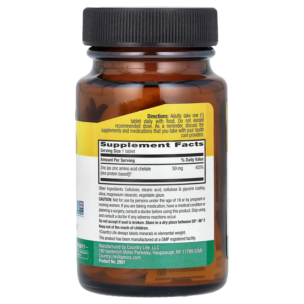 Country Life, хелатный цинк, 50 мг, 100 таблеток