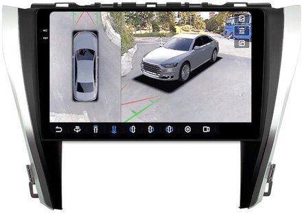 Магнитола для Toyota Camry 55 2014-2018 (рамка серебристо-черная) - FarCar BX10-360-7044B монитор 10.36" 2K QLED на Android 13, 6Гб+128Гб, CarPlay, 4G SIM-слот, 4 камеры в комплекте