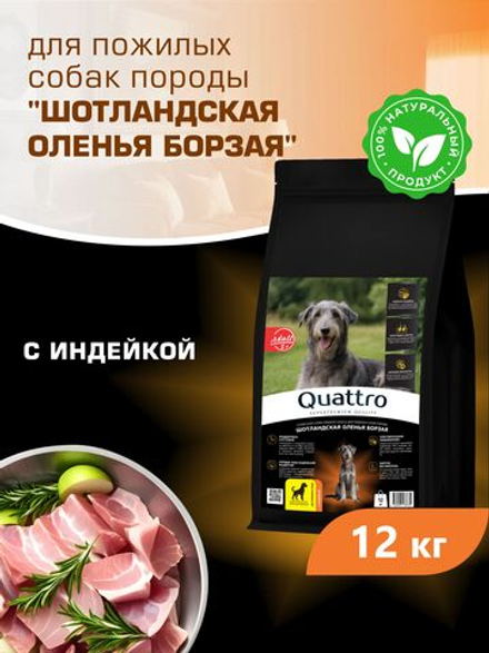 Корм сухой для пожилых собак породы Шотландская оленья борзая старше 5 лет, с индейкой, 12 кг, QUATTRO