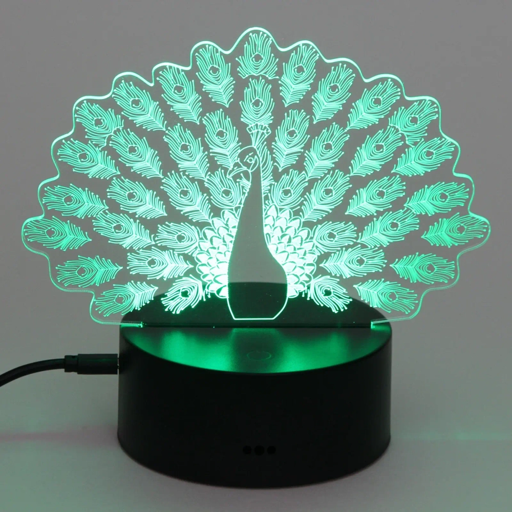 Светильник ночник «3D-Павлин» на пластиковой подставке, с включателем USB