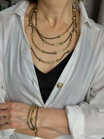 Браслет многослойный палочки с шариками на черной коже, бронза