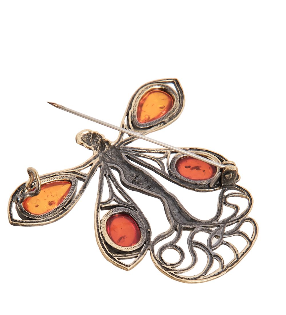 AM-1663 Брошь «Стрекоза Фея» (латунь, янтарь)