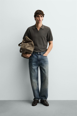 ZARA ПОЛО ИЗ РЕЛЬЕФНОГО ТРИКОТАЖА, ЗЕЛЕНЫЙ/СЕРЫЙ