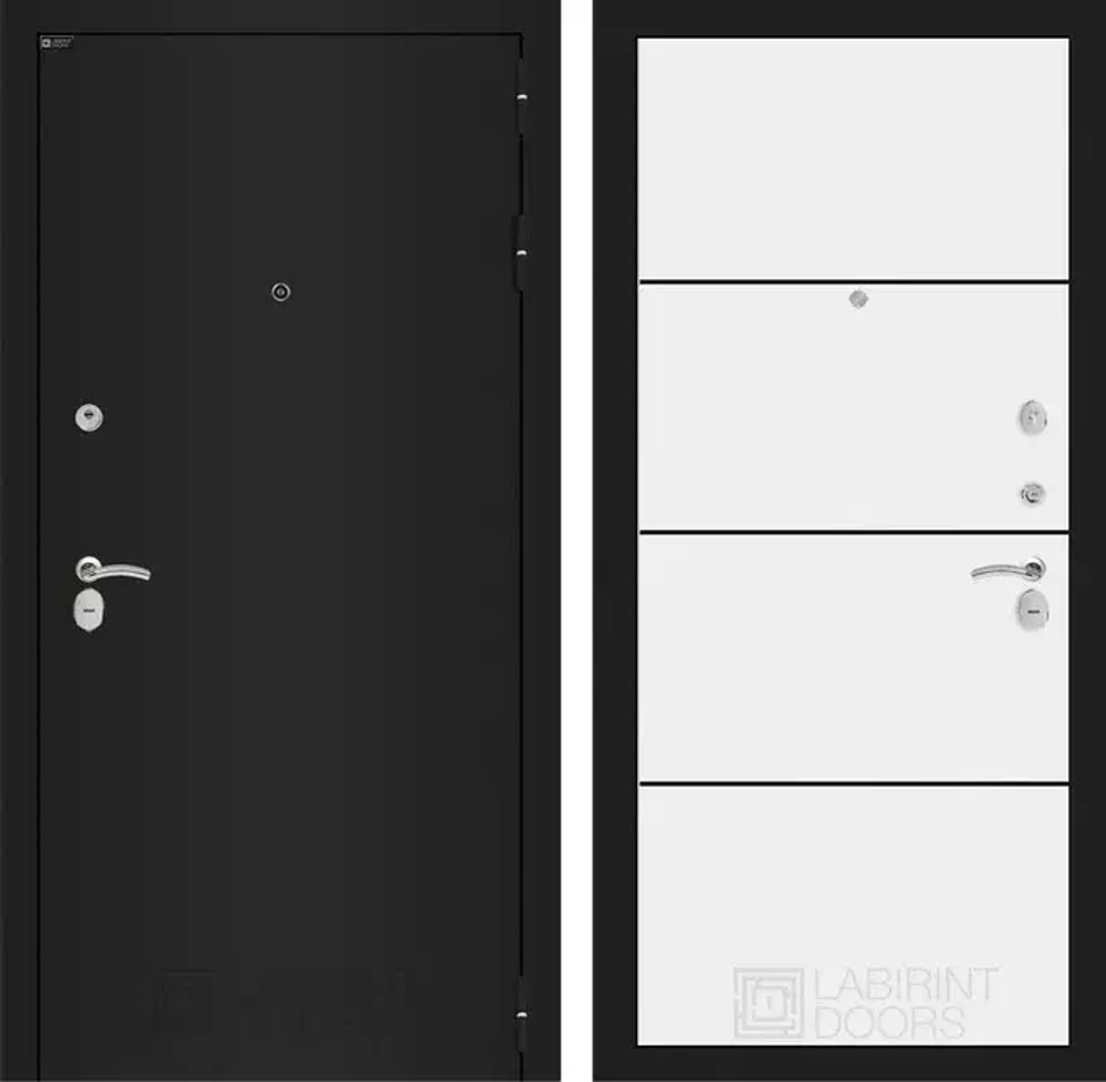 Входная металлическая дверь Лабиринт Classic (Классик) шагрень черная 25 - Белый Софт, черный молдинг