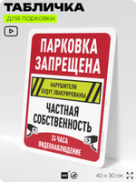 Табличка для парковки "Парковка запрещена, частная собственность, видеонаблюдение", для дома, офиса, организаций, 40х30 см, Silver Plane x Айдентика Технолоджи
