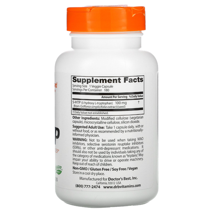 5-HTP, Doctor&#39;s Best, 5-гидрокситриптофан, 100мг, 180 вегетарианских капсул 2